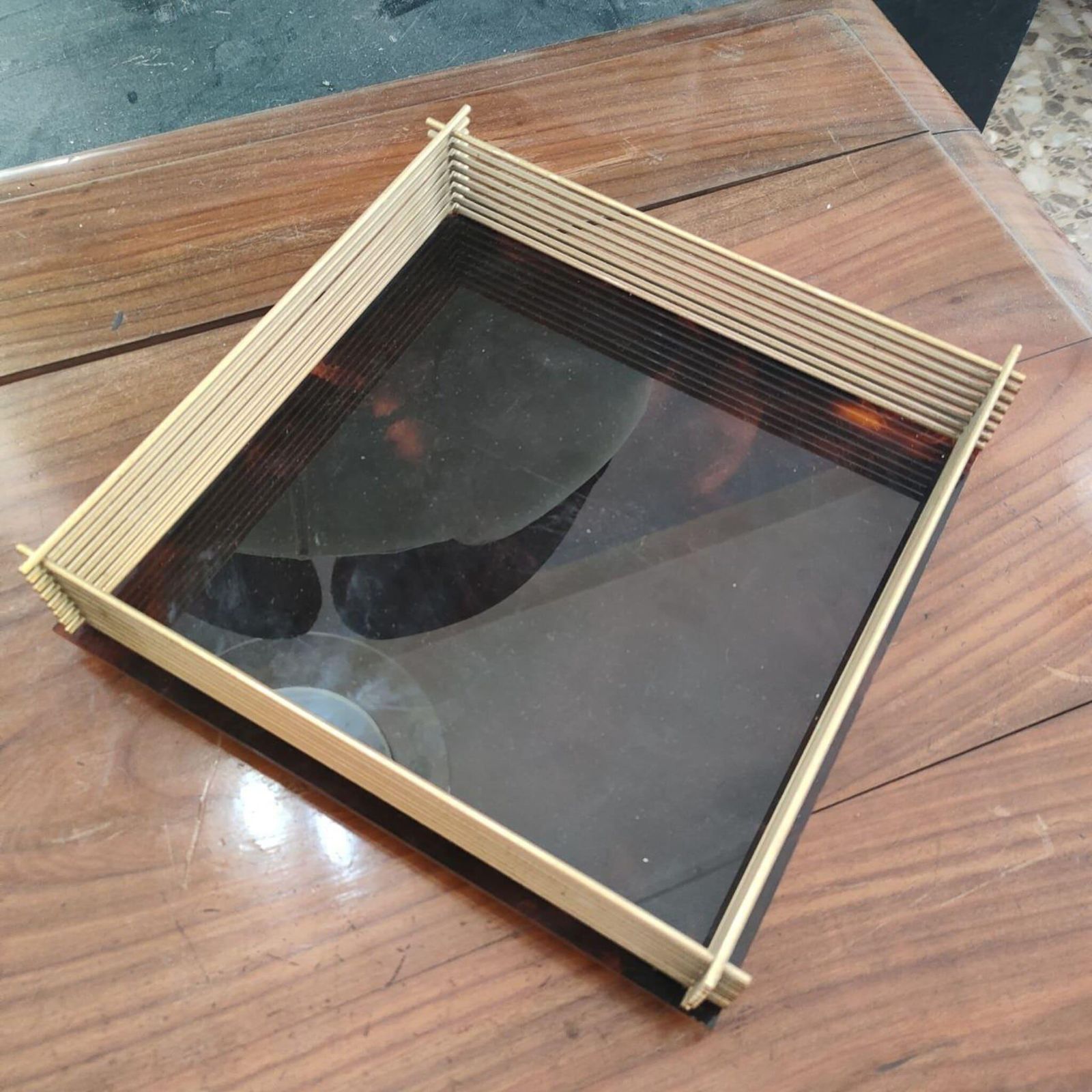 Mid Century Modern  Italian  Lucite “Tortoise” Catchall Tray With Brass Rim 1970 photo Home Decor