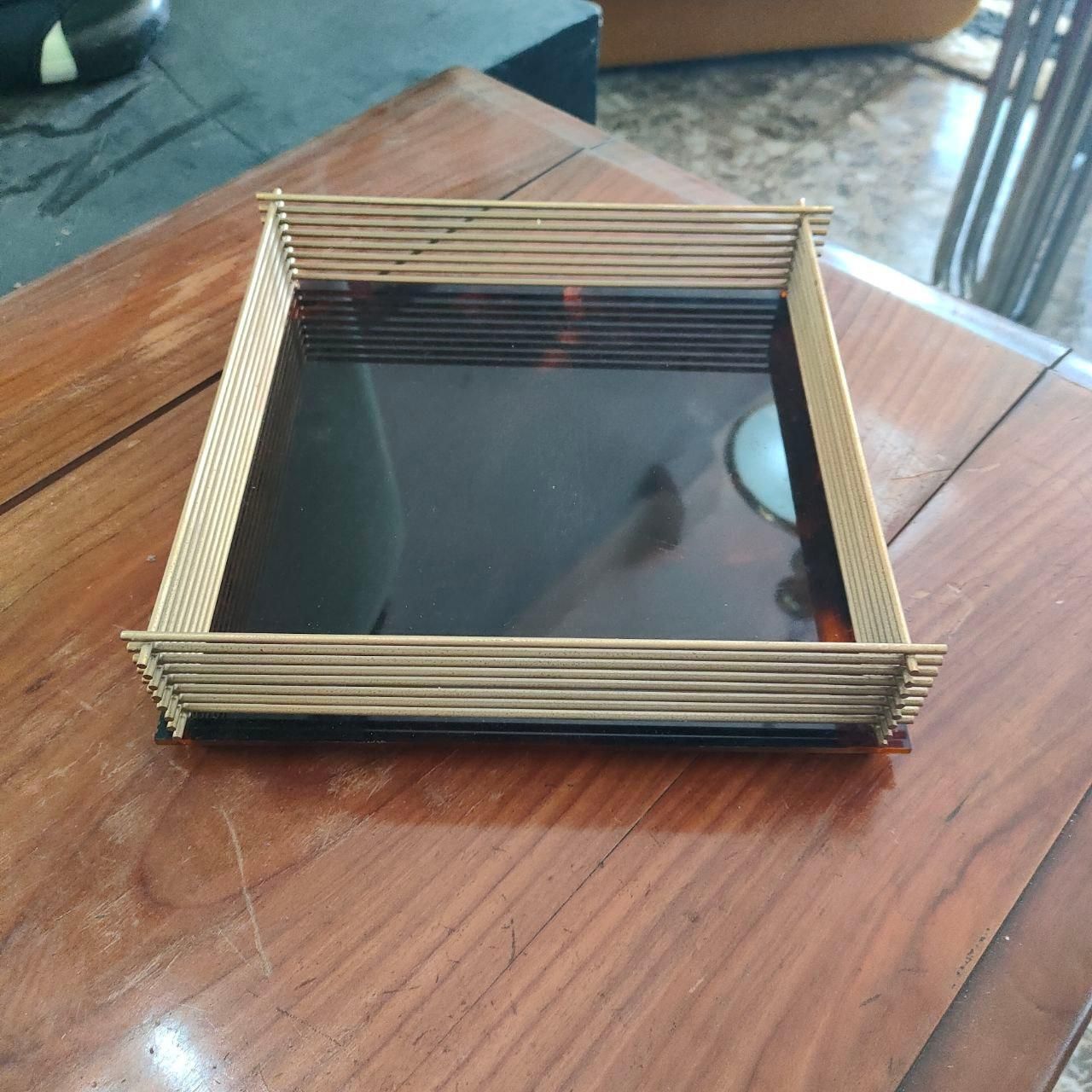 Mid Century Modern  Italian  Lucite “Tortoise” Catchall Tray With Brass Rim 1970 photo vintage