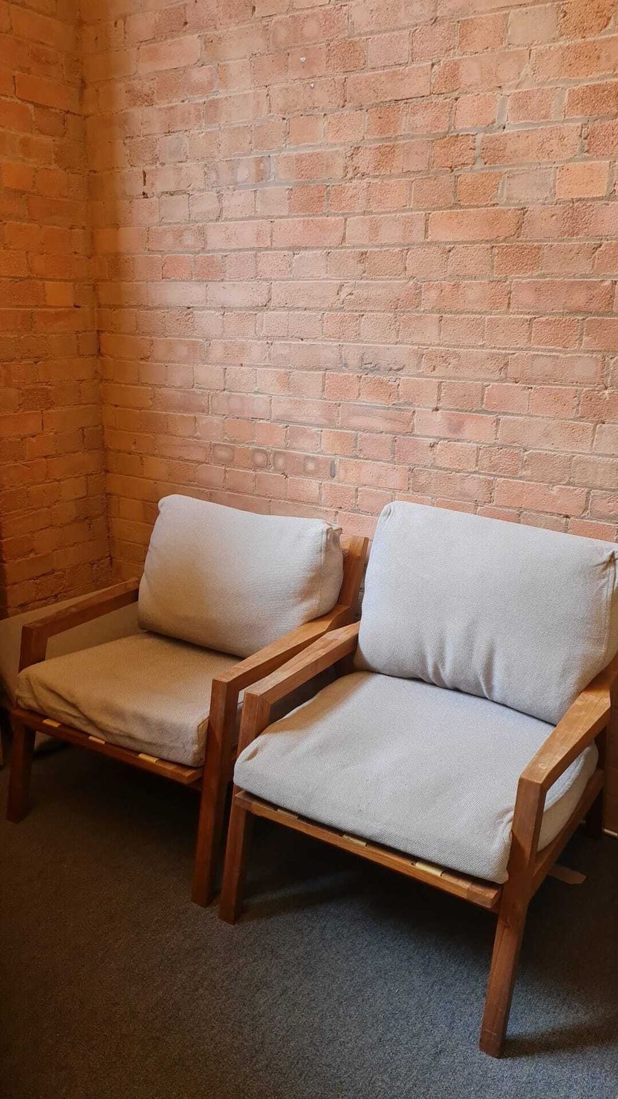 Pair Of Wooden Armchairs With Grey Cushions
