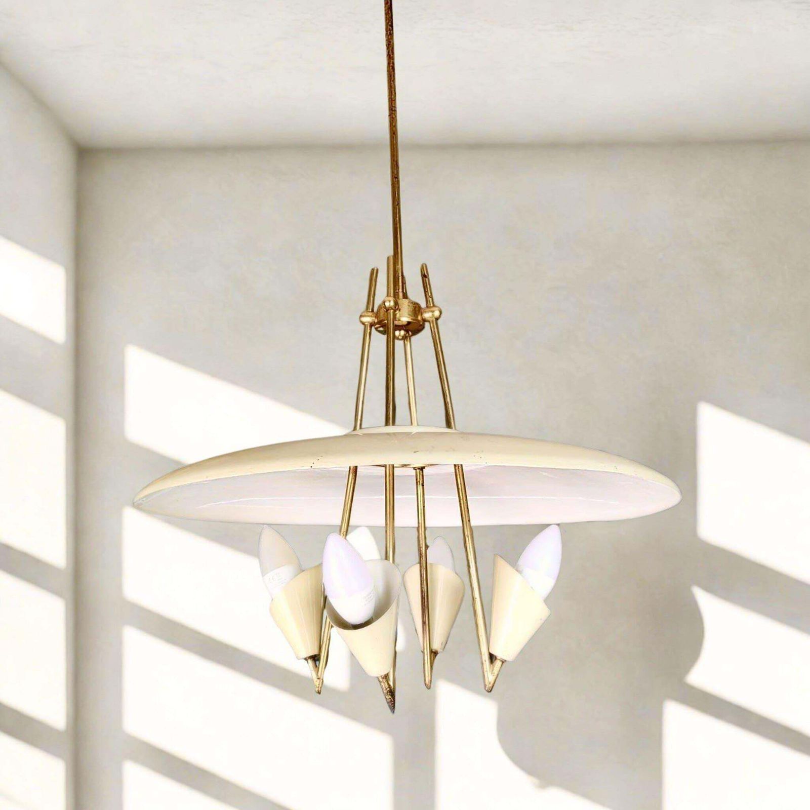 1950s Italian Mid Century Modern Brass Pendant  4 Light  By Arteluce photo Lighting
