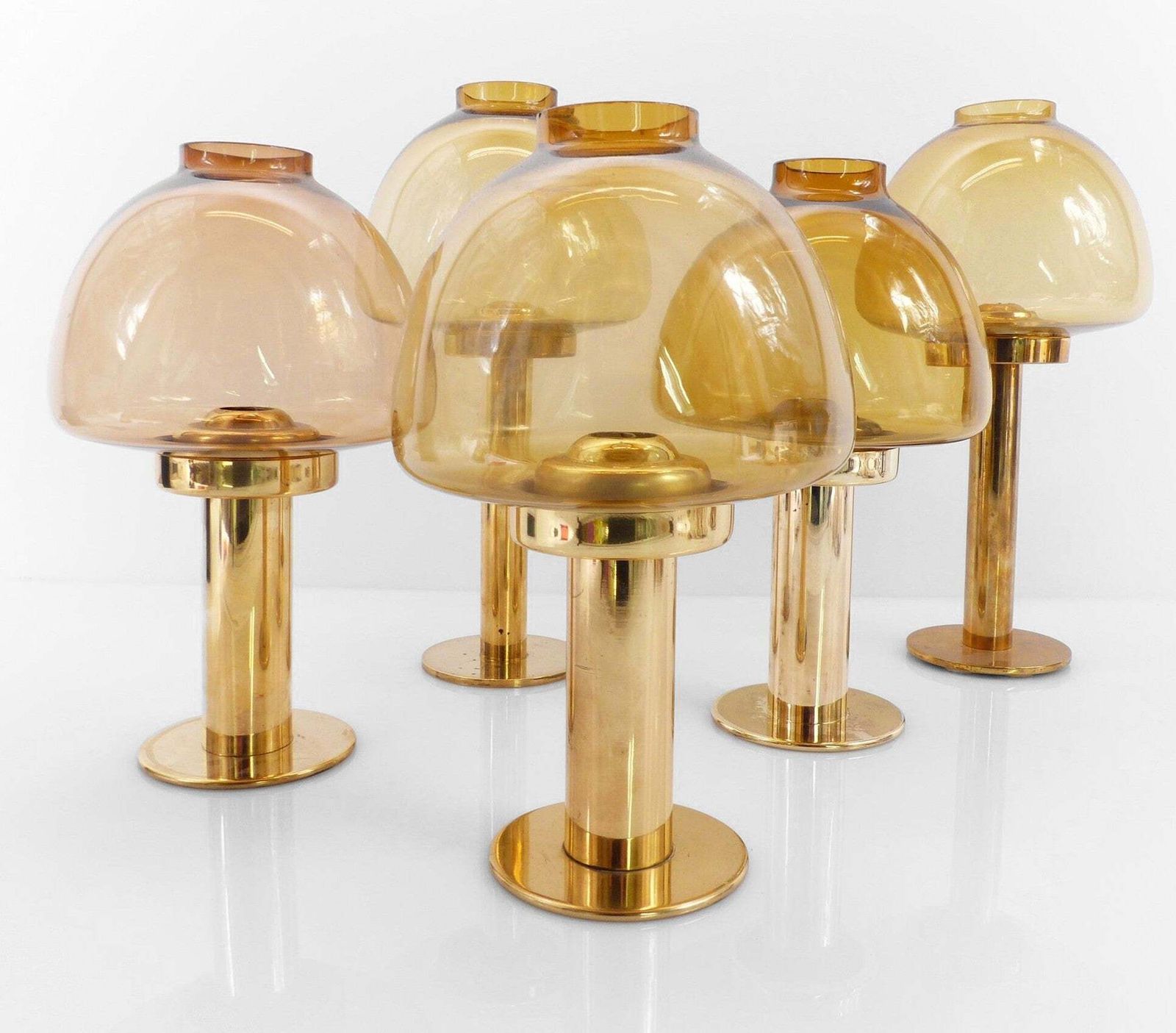 Set Of 5 Scandinavian Candlesticks By Hans Agne Jakobsson, Claudia Model, In Brass And Amber Glass, Sweden, 1960