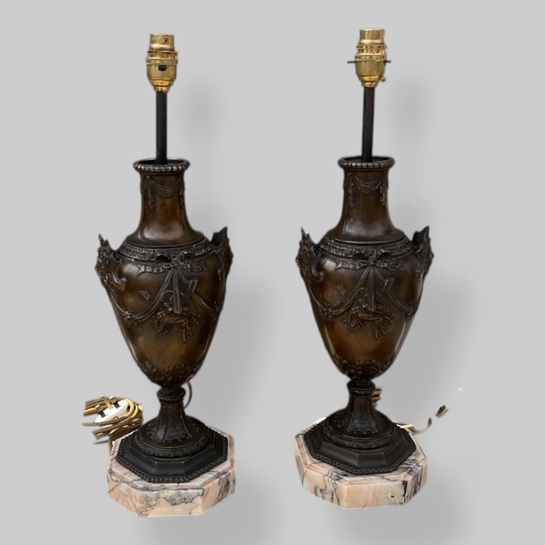 Early C20th Ornate French Bronze Lamps With Marble Bases