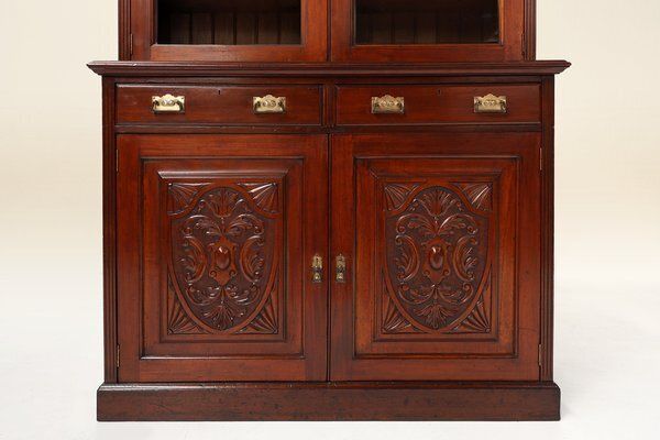 Art Nouveau Display Cabinet Or Bookcase In Oak With Carvings And Glass Doors, 1890s photo buy