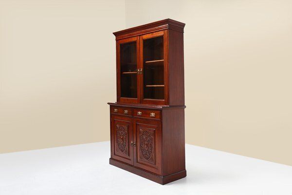 Furniture Art Nouveau Display Cabinet Or Bookcase In Oak With Carvings And Glass Doors, 1890s photo