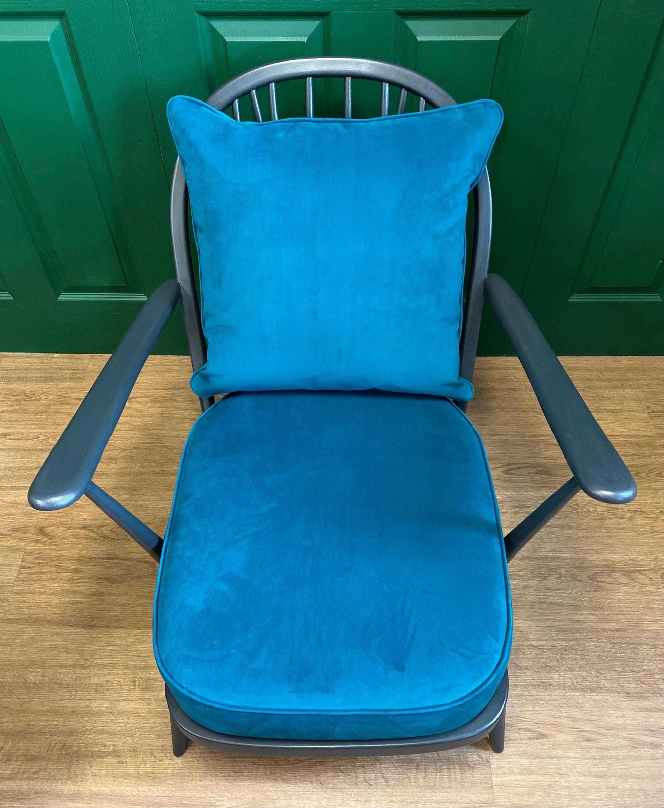 Refurbished Mid Century Vintage Ercol Windsor Armchair Grey Teal Blue Green Velvet 1 Of 2 photo for sale