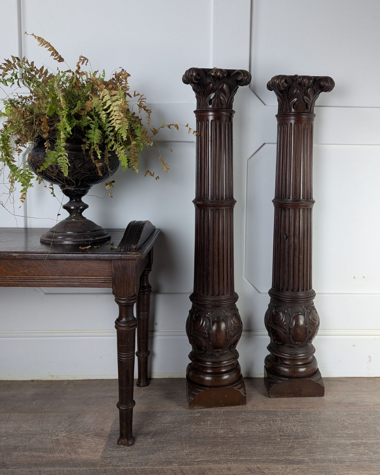 Pair Of Carved Mahogany Reeded Corinthian Half Columns