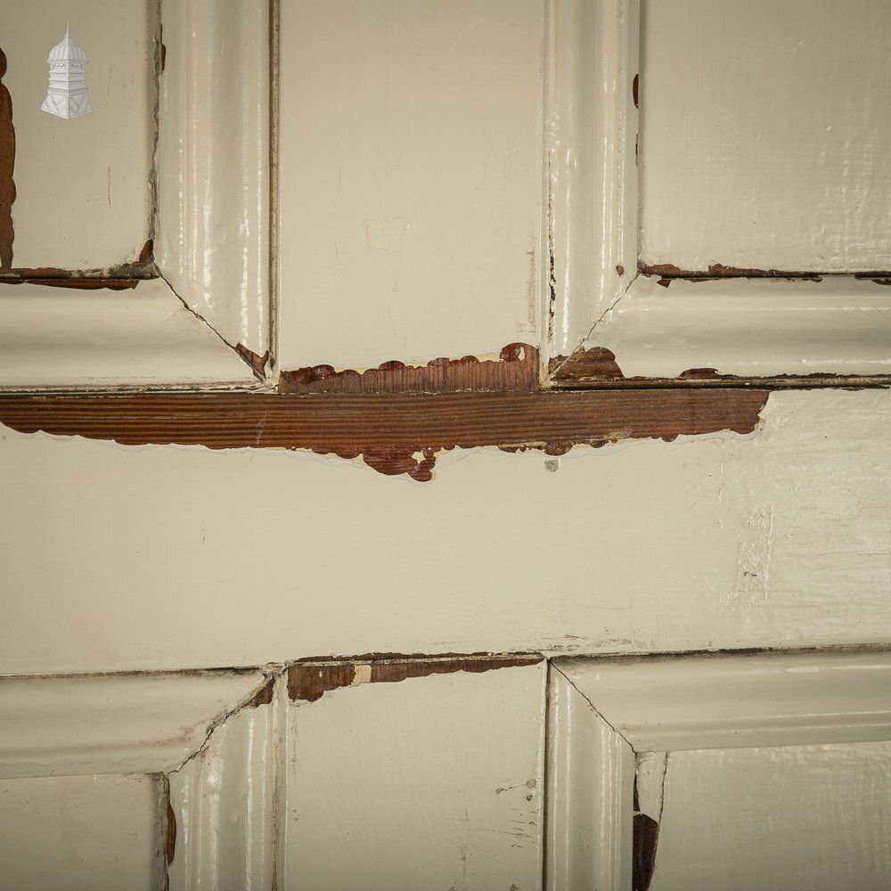 6 Panel Pitch Pine Door, Original Hardware, Distressed White Paint And Faux Woodgrain photo vintage