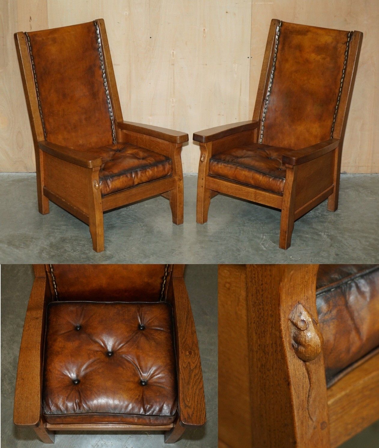 Pair Of 1940'S Robert Mouseman Thompson Brown Leather Chesterfield Armchairs