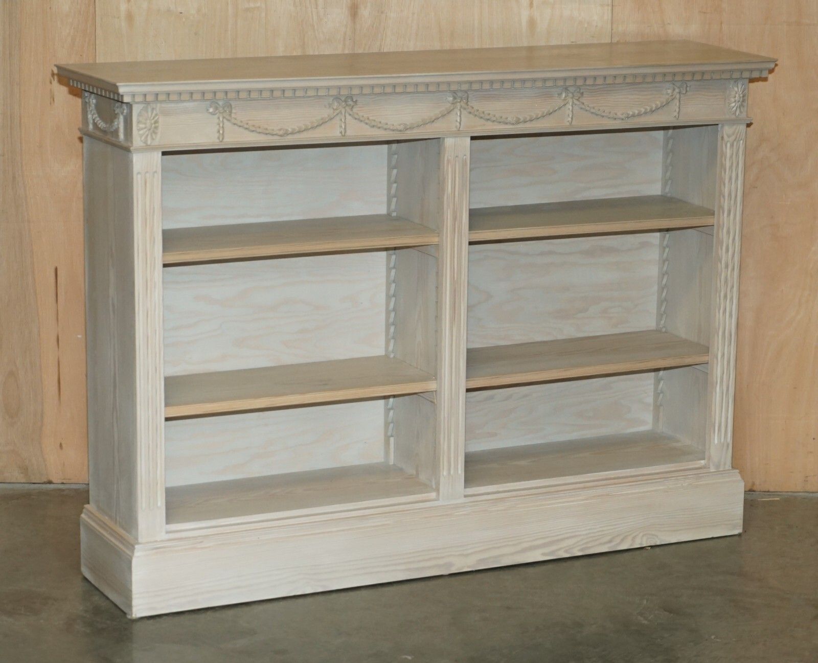 photo vintage Pair Of Vintage French Limed Oak Open Library Bookcases Height Adjustable Shelfs
