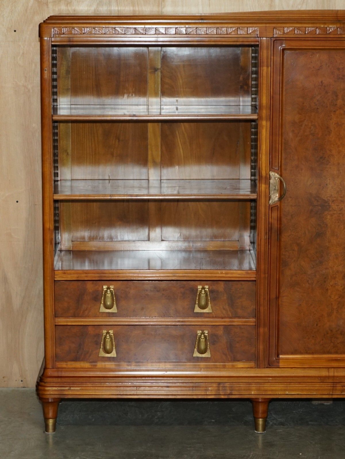 French Leon Jallot Art Nouveau Burr Walnut Bookcase Chest Of Drawers Part Suite photo vinterior