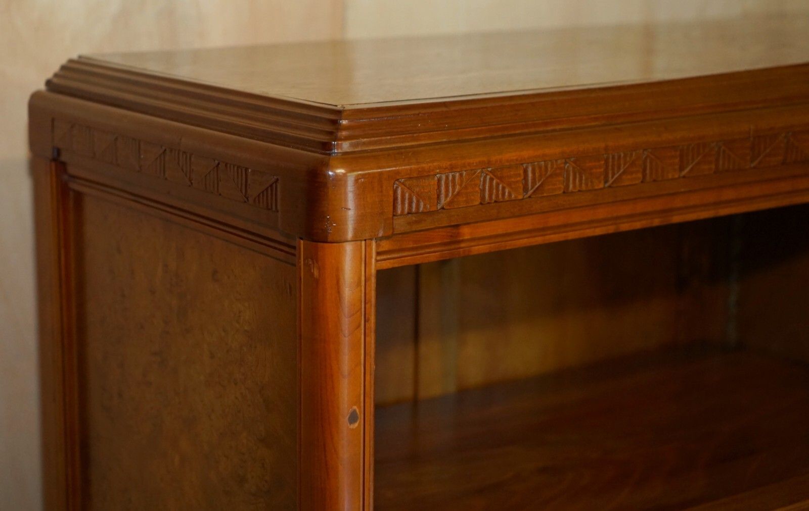 photo for sale French Leon Jallot Art Nouveau Burr Walnut Bookcase Chest Of Drawers Part Suite