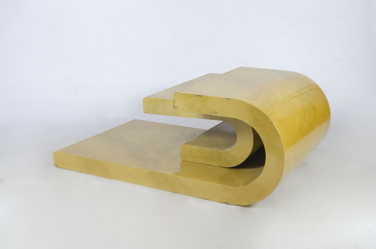 Pair Of Mid Century Modern Karl Springer Style Wood Sculptural Console Tables Covered In Faux Goatskin, United States photo for sale