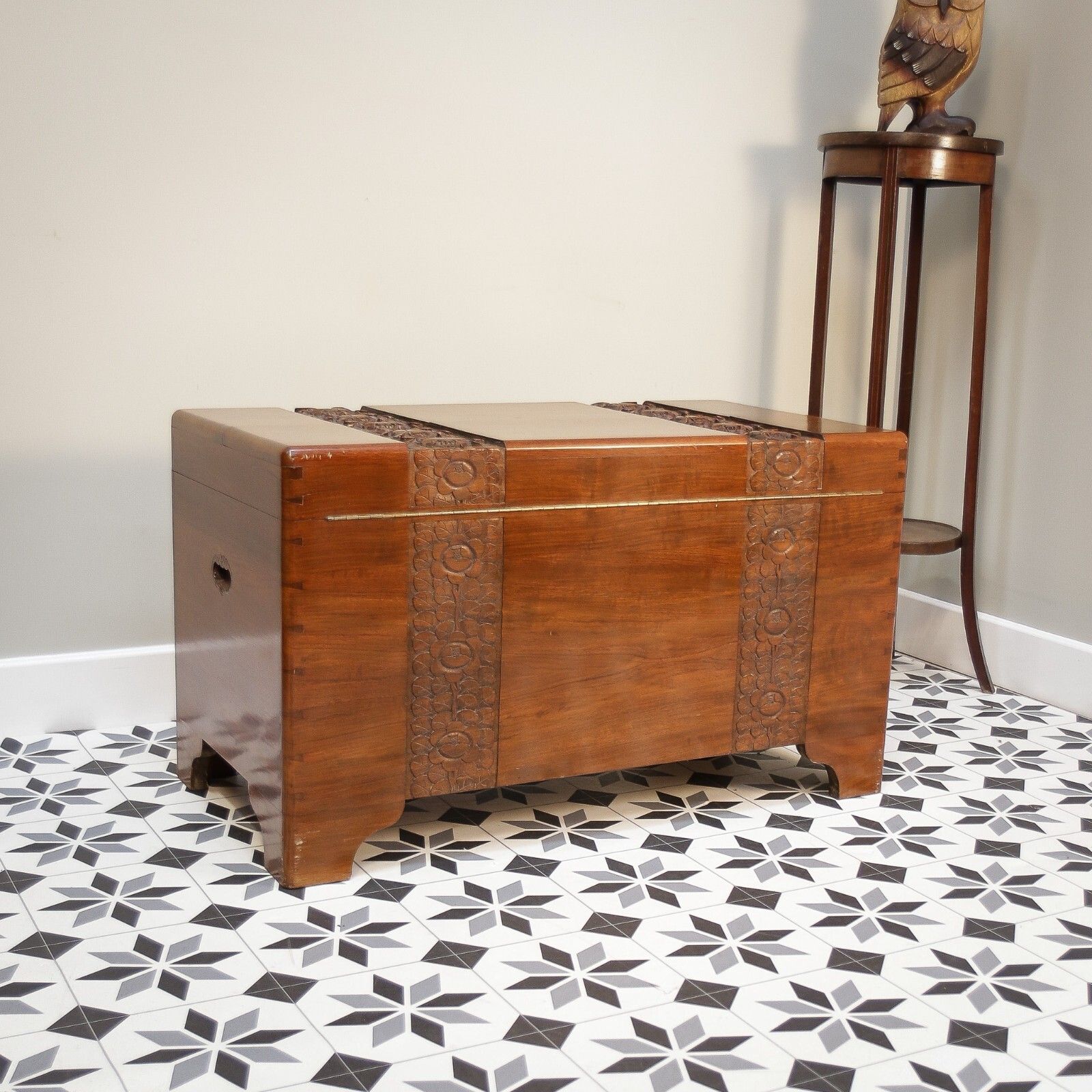 Camphor Wood Chest Oriental Carved Linen Trunk photo for sale
