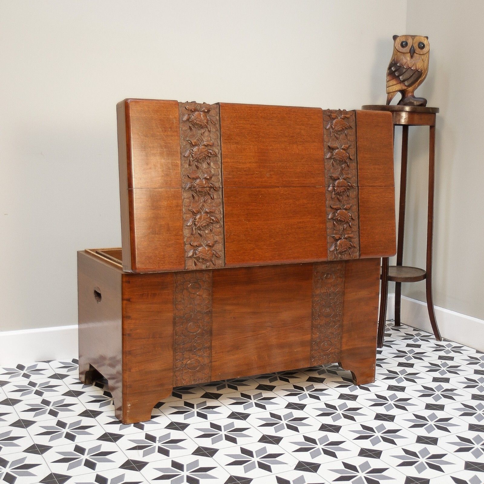 photo for sale Camphor Wood Chest Oriental Carved Linen Trunk