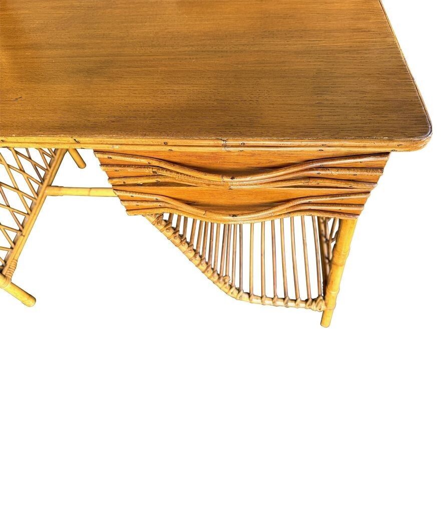 A Lovely 1970s Italian Woven Bamboo, Two Drawer Desk By Bonacina photo vinterior