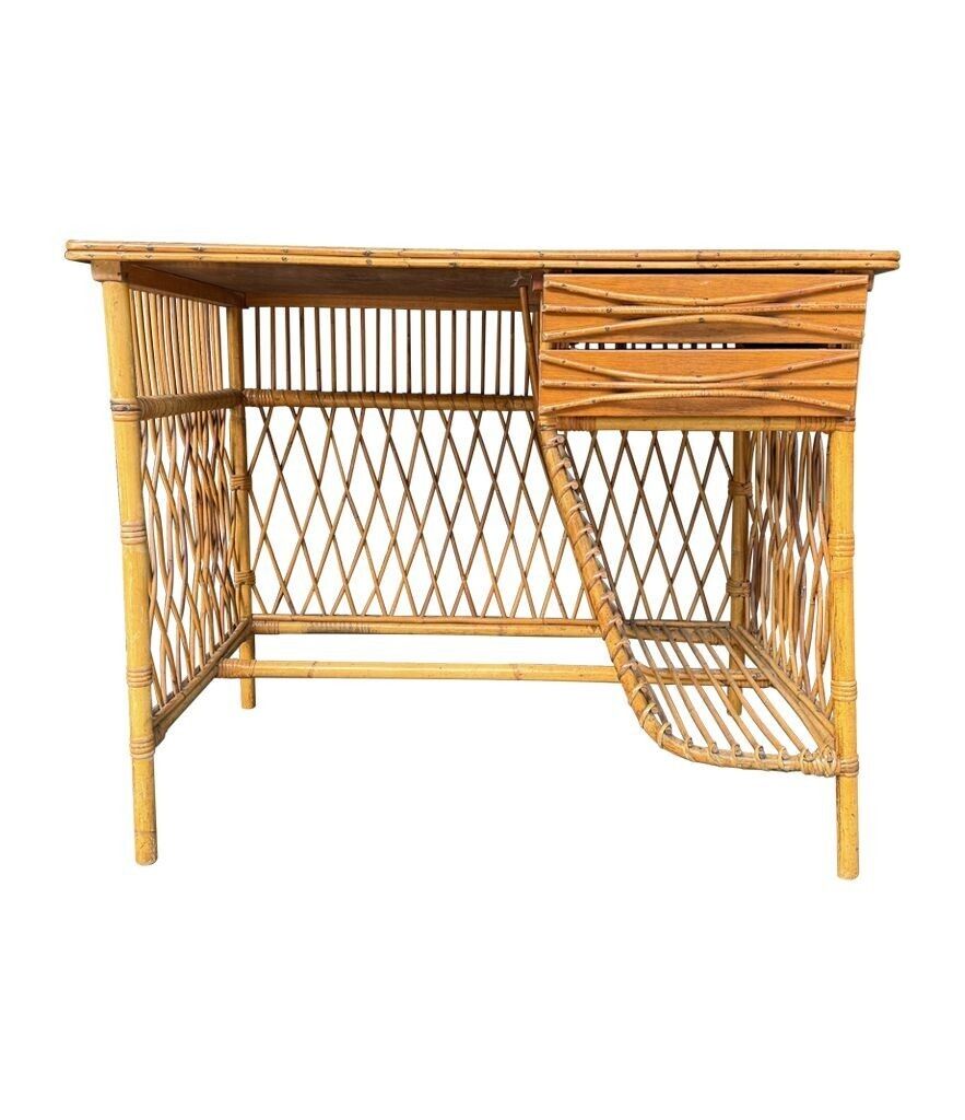 photo vintage A Lovely 1970s Italian Woven Bamboo, Two Drawer Desk By Bonacina