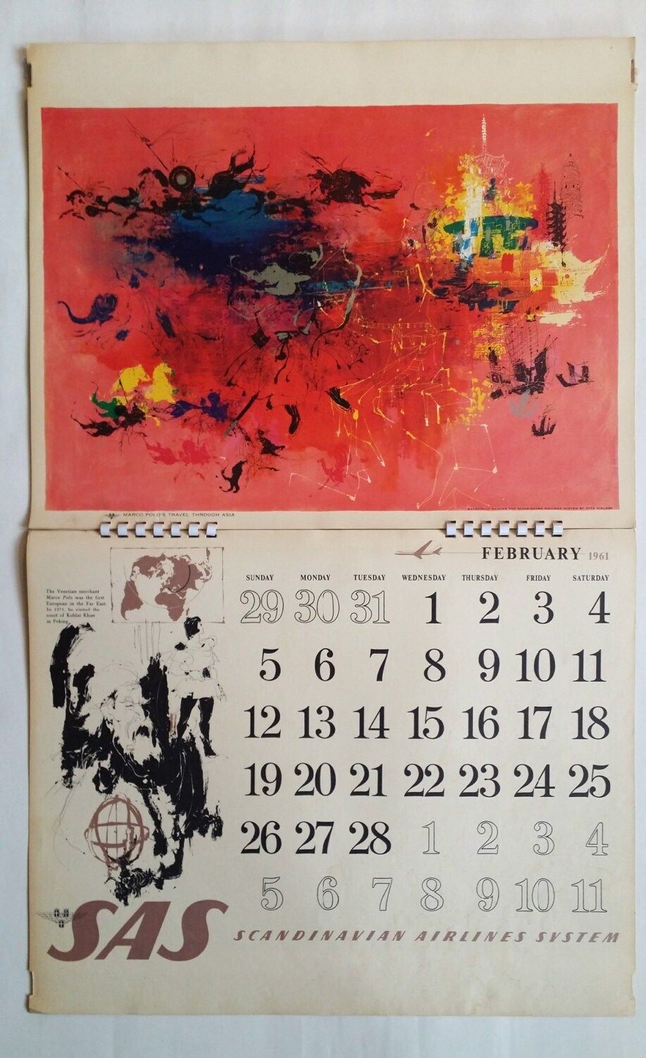 1961 Sas Airlines Calendar By Otto Nielsen   Original Vintage Calendar