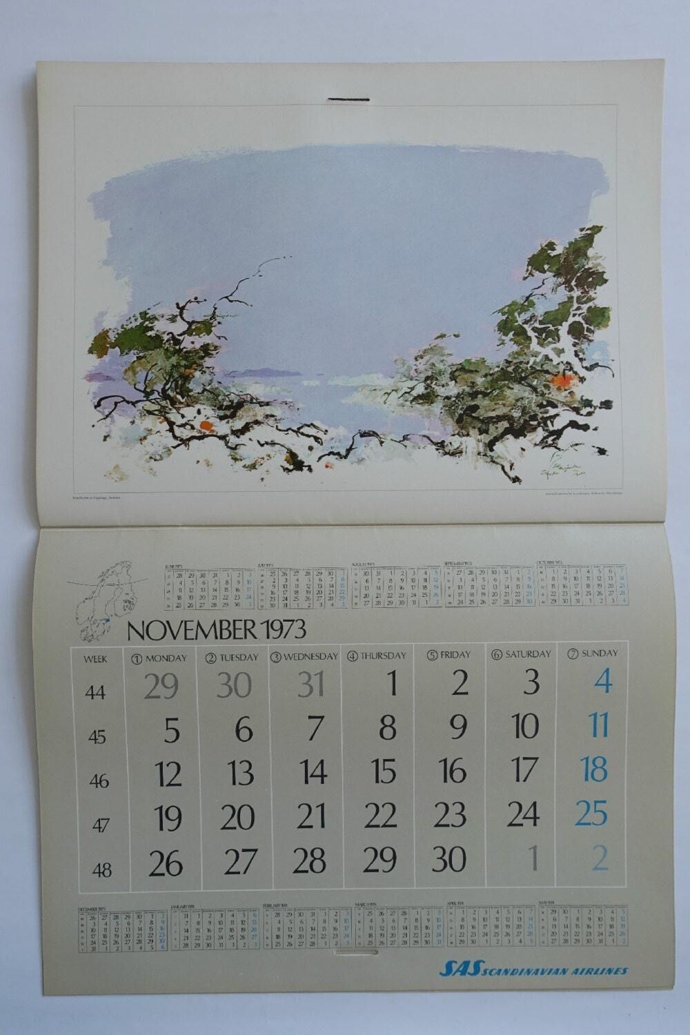 1973 Otto Nielsen Sas Airlines Calendar   Original Vintage Calendar photo for sale