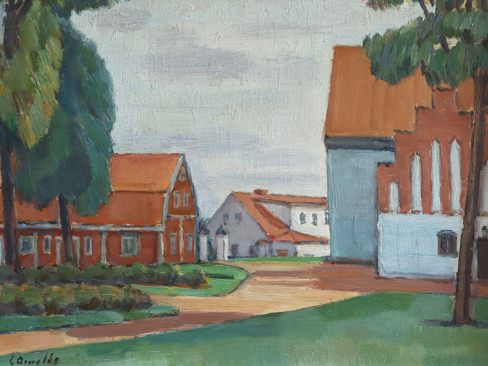 Red Roofs, Oil Painting, Mid 20th Century photo vintage