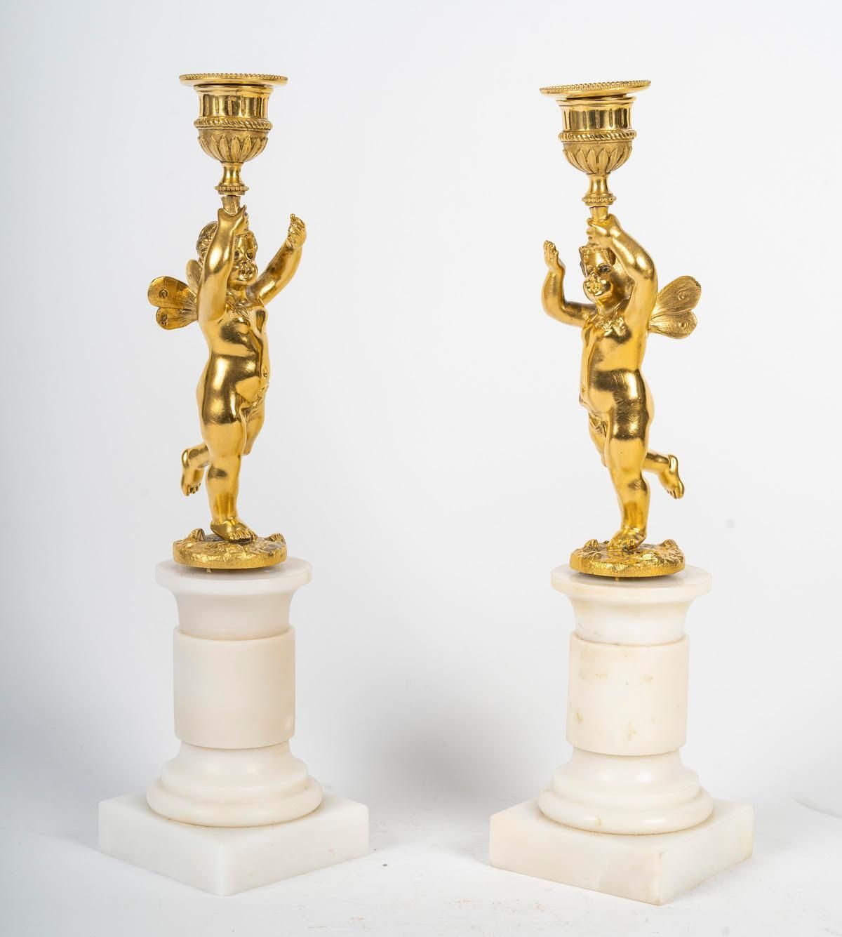 Pair Of Gilt Bronze Candlesticks, Marble Base, 19th Century, Napoleon III Period photo furniture