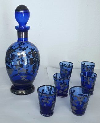 Blue Liqueur Glass Decanter And Glasses With Silver Overlay, Set Of 7 photo for sale
