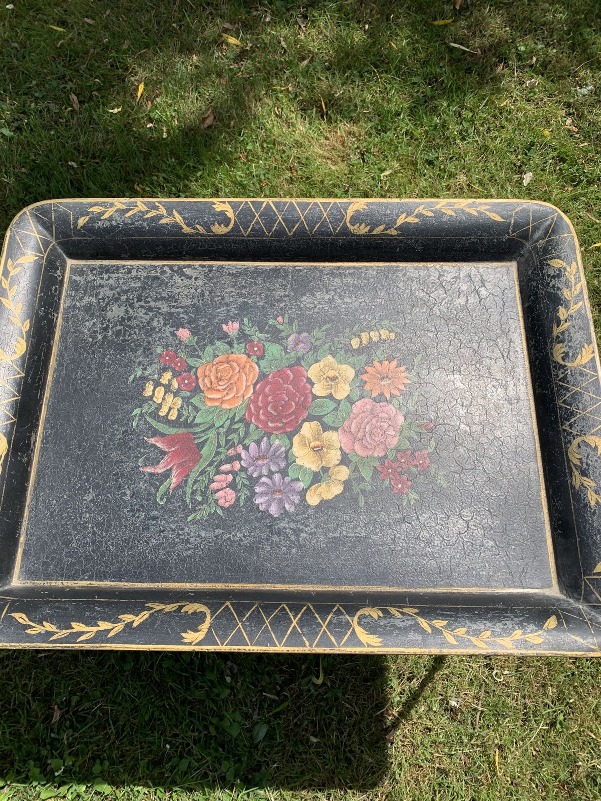 A French Hand Painted Metal Tray On Simulated Bamboo Stand photo furniture