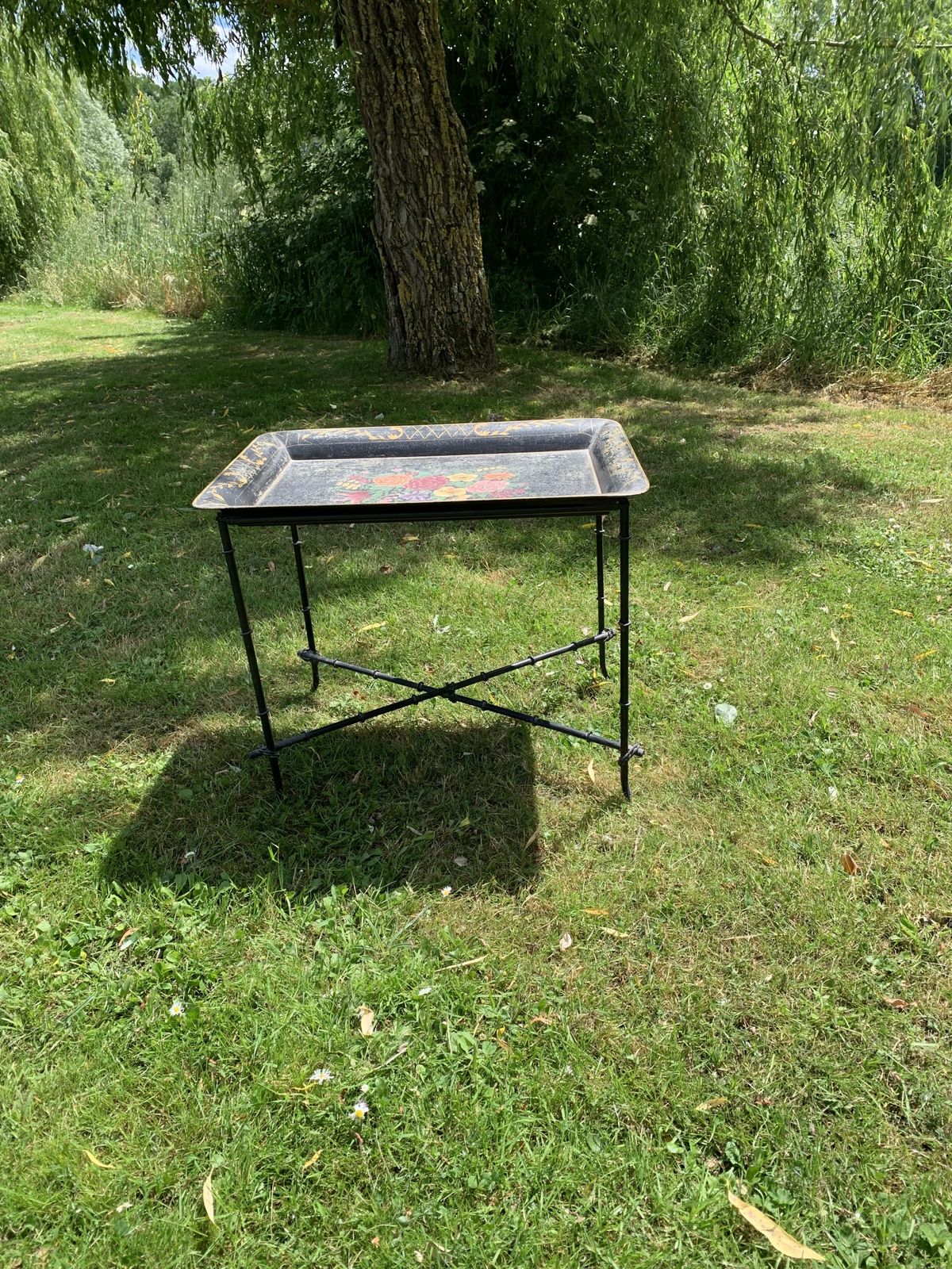 A French Hand Painted Metal Tray On Simulated Bamboo Stand photo vinterior