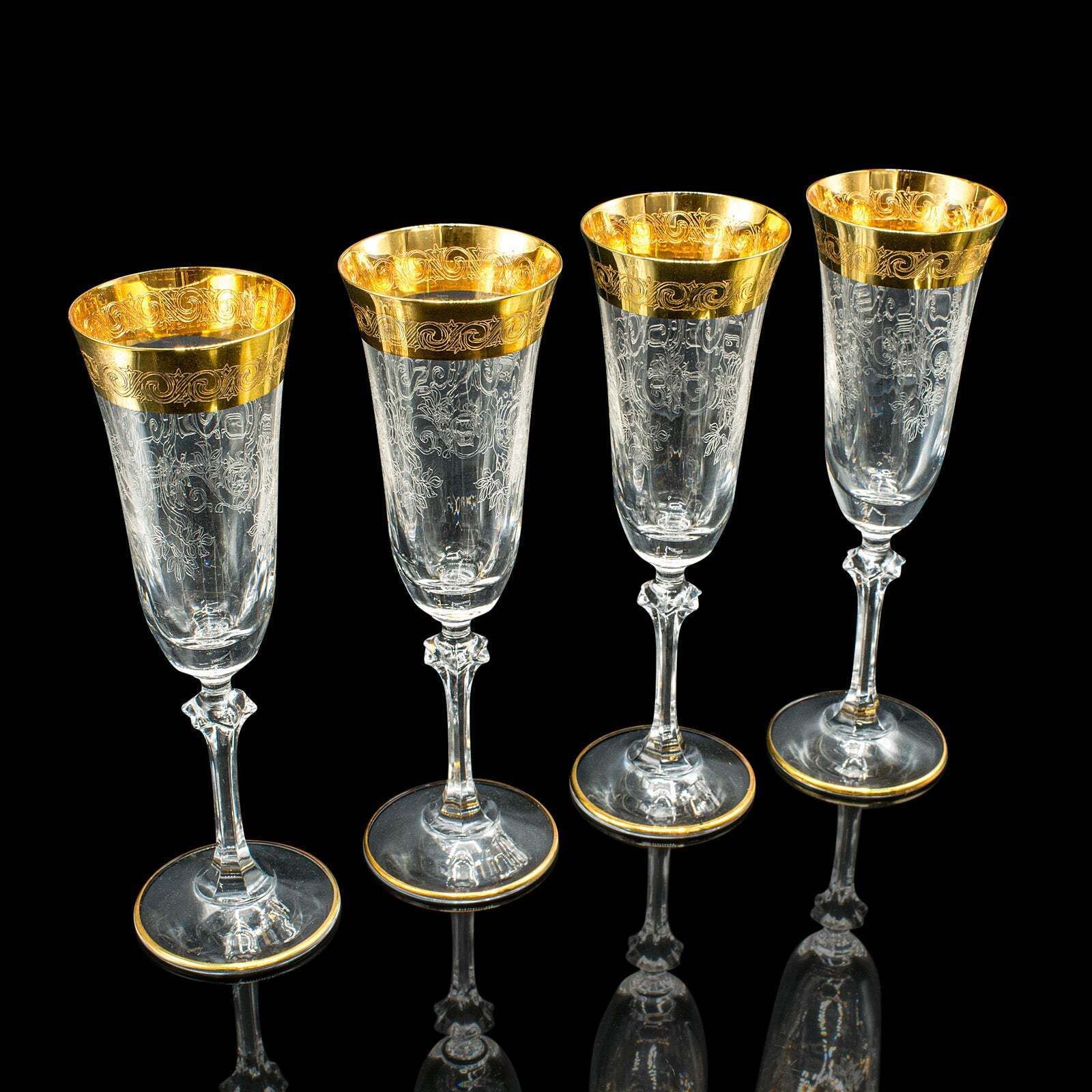 Set Of 12 Vintage Champagne Flutes, Continental, Wine Glass, Gold Leaf, C.1980 photo furniture