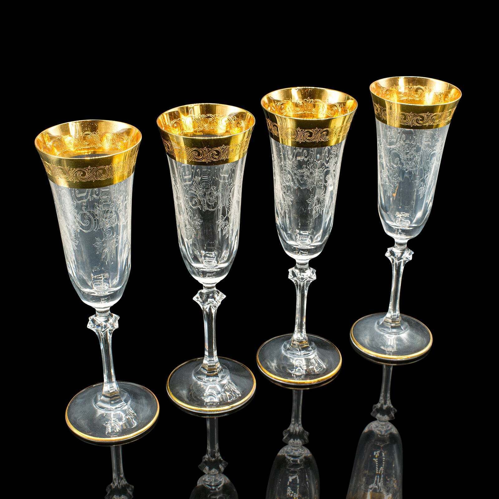 Set Of 12 Vintage Champagne Flutes, Continental, Wine Glass, Gold Leaf, C.1980 photo for sale