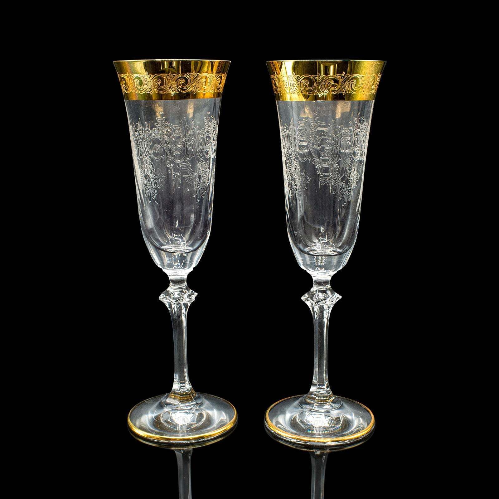 Set Of 12 Vintage Champagne Flutes, Continental, Wine Glass, Gold Leaf, C.1980 photo 1004.0