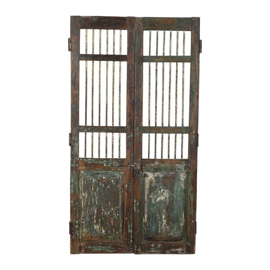 Antique Verdigris Teal Indian Jali Door Pair – 19th Century Teak Garden Gate – Rustic Latticework photo furniture