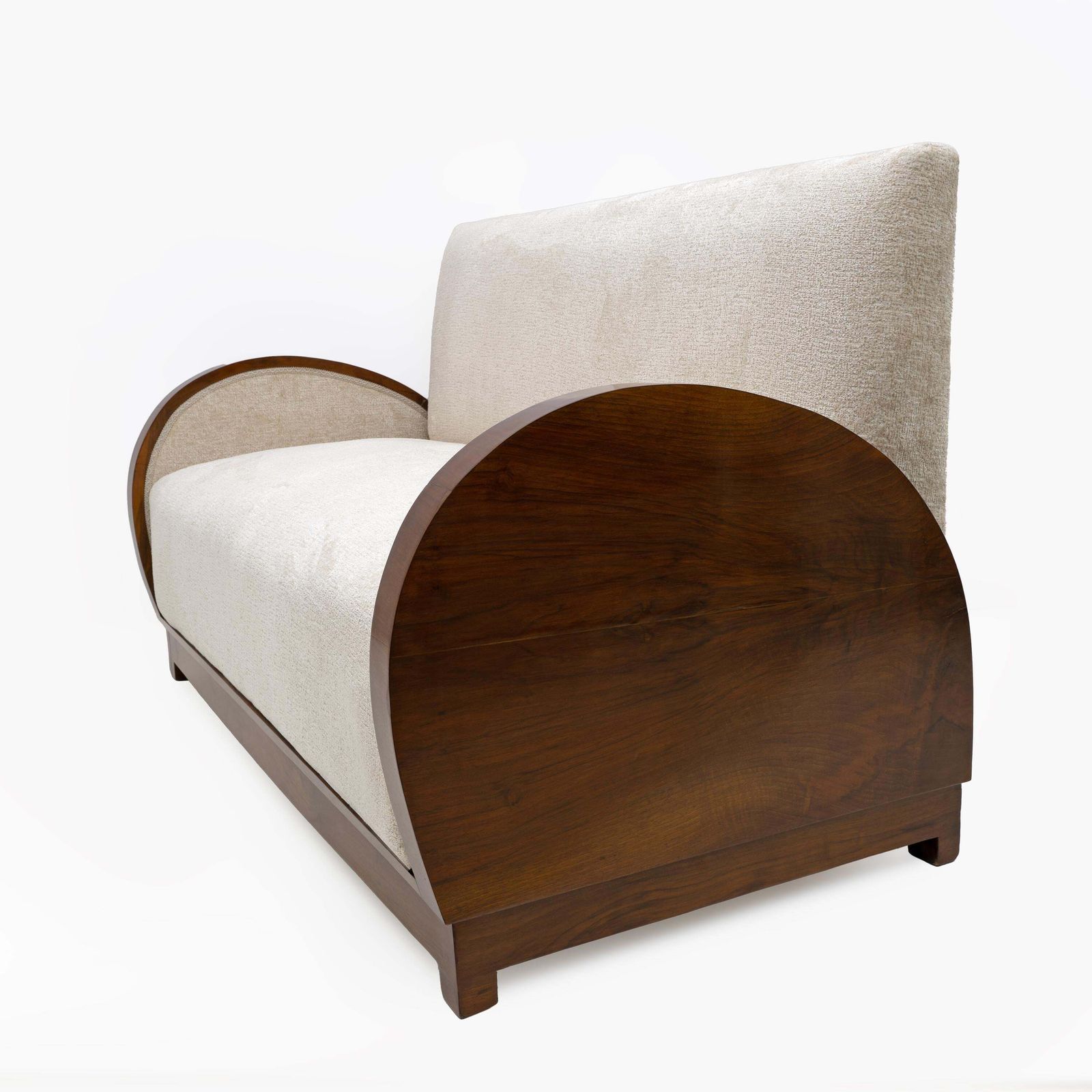 photo for sale Art Deco Bouclè And Walnut Loveseat, Italy, 1930s