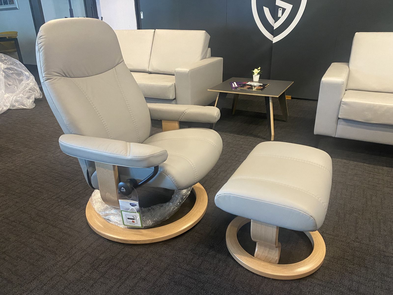 Consul Medium Chair And Stool In Cream And Oak Base By Stressless photo for sale