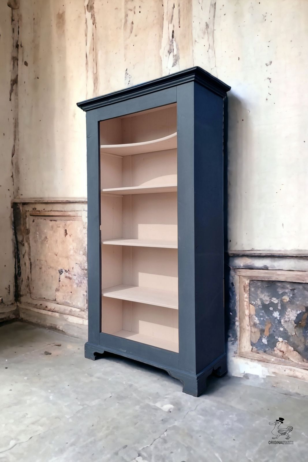 Rustic Antique Pine Bookcase In Farrow & Ball Off Black & Pink Worn Paint