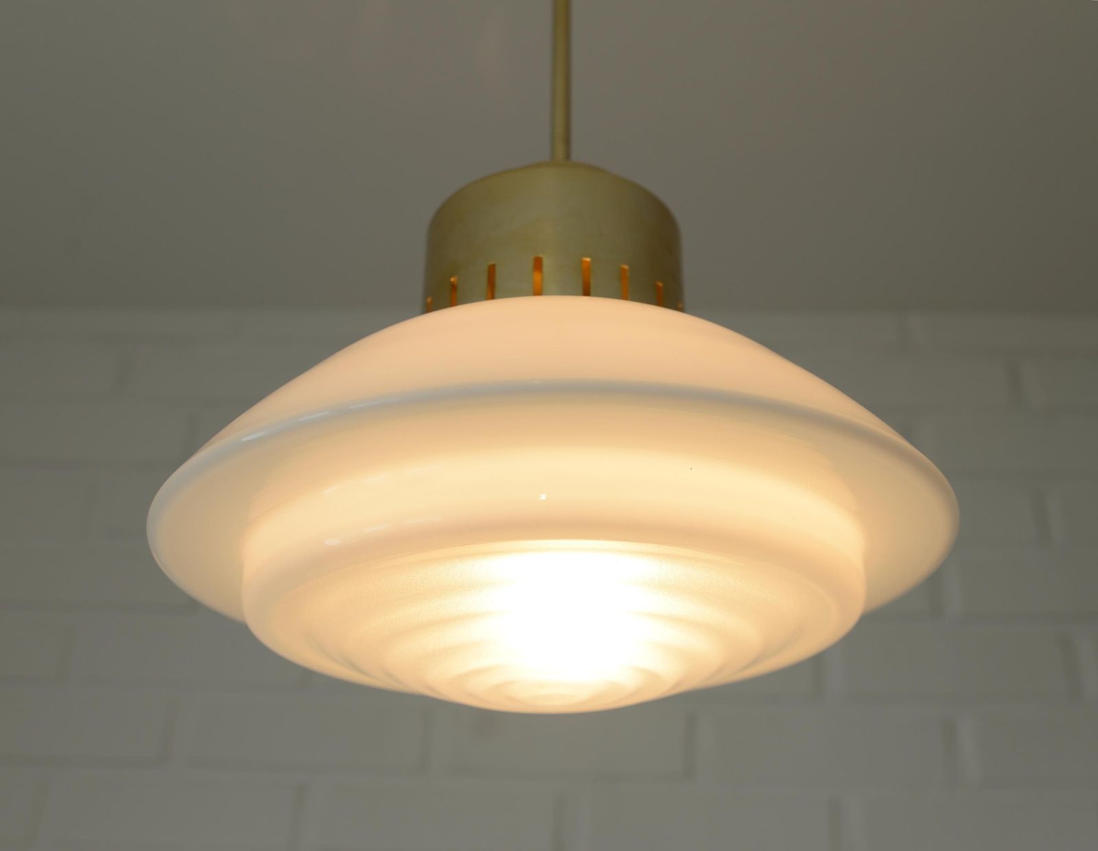 Vintage Scandinavian Pendant Light / Minimalist Mid Century Modern Chandelier / White Glass Ufo Hanging Lamp / Space Age Yugoslavia 1960's photo Lighting