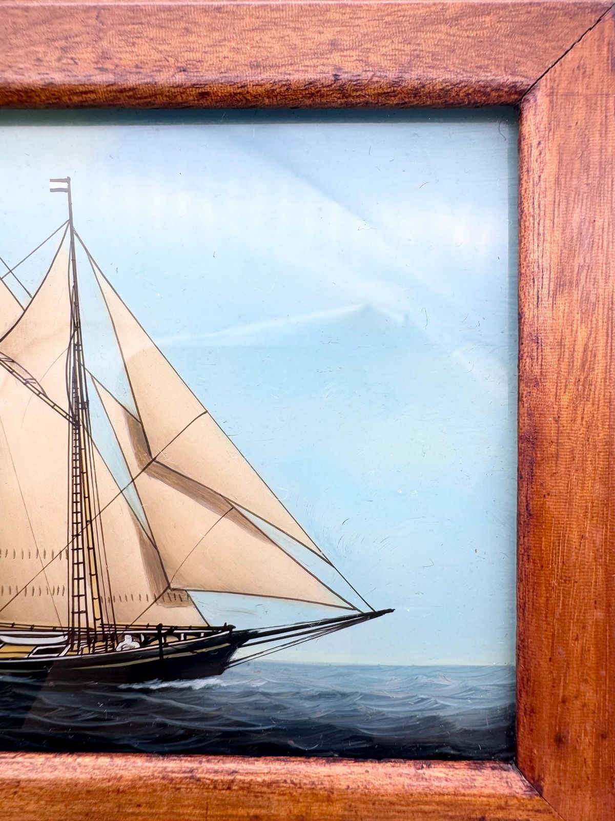 Vintage Small Wooden Box With Clipper Ship On Lid, Jewellery Box,Glass Painted Lid photo for sale