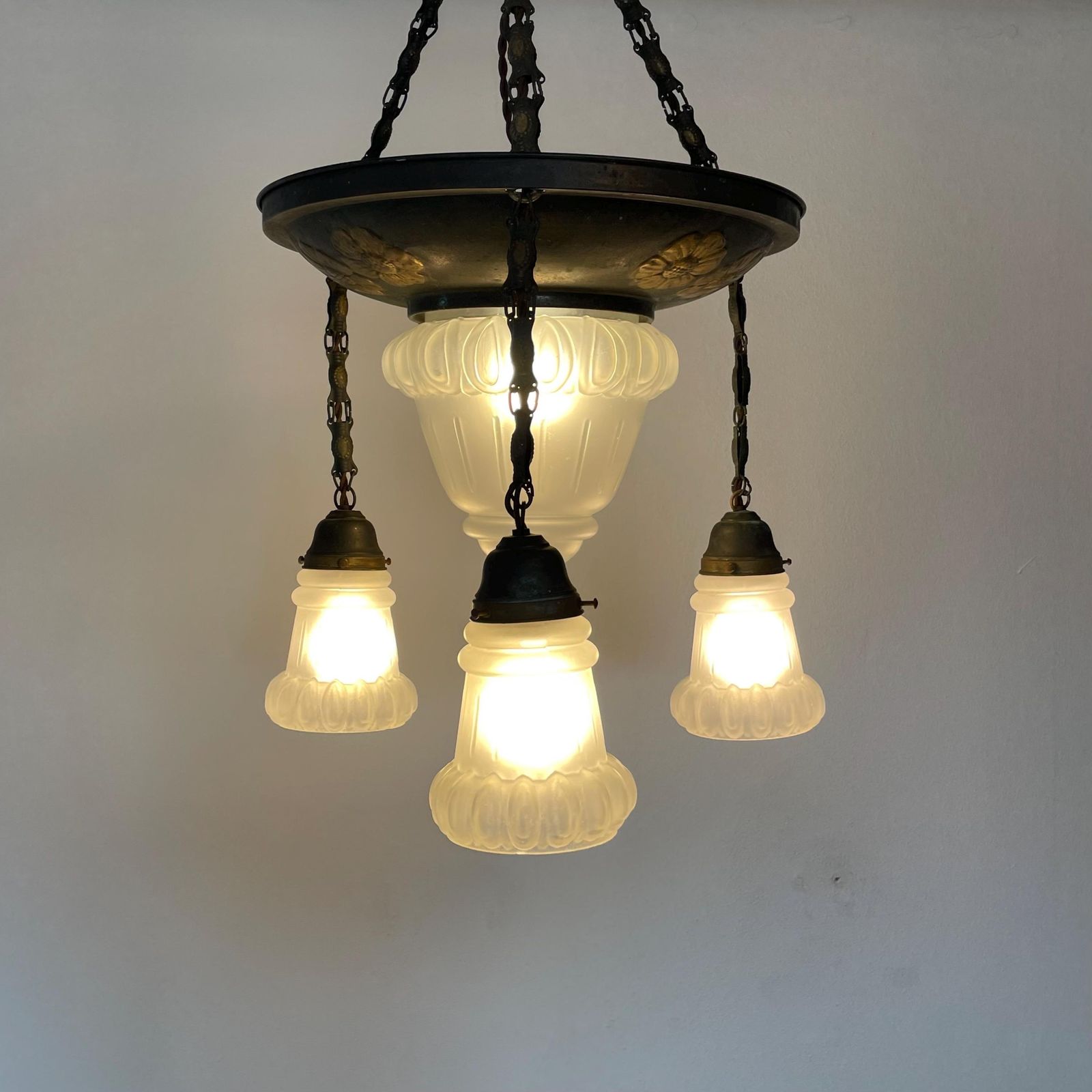 Exclusive Large Antique Art Deco Patinated Brass Chandelier With Vintage White Opal Glass Shades And Elegant Design Details