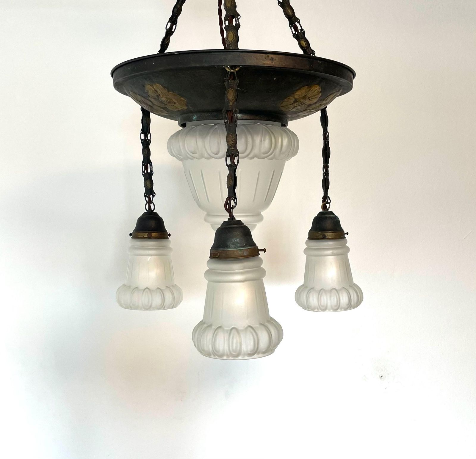 Exclusive Large Antique Art Deco Patinated Brass Chandelier With Vintage White Opal Glass Shades And Elegant Design Details photo vinterior