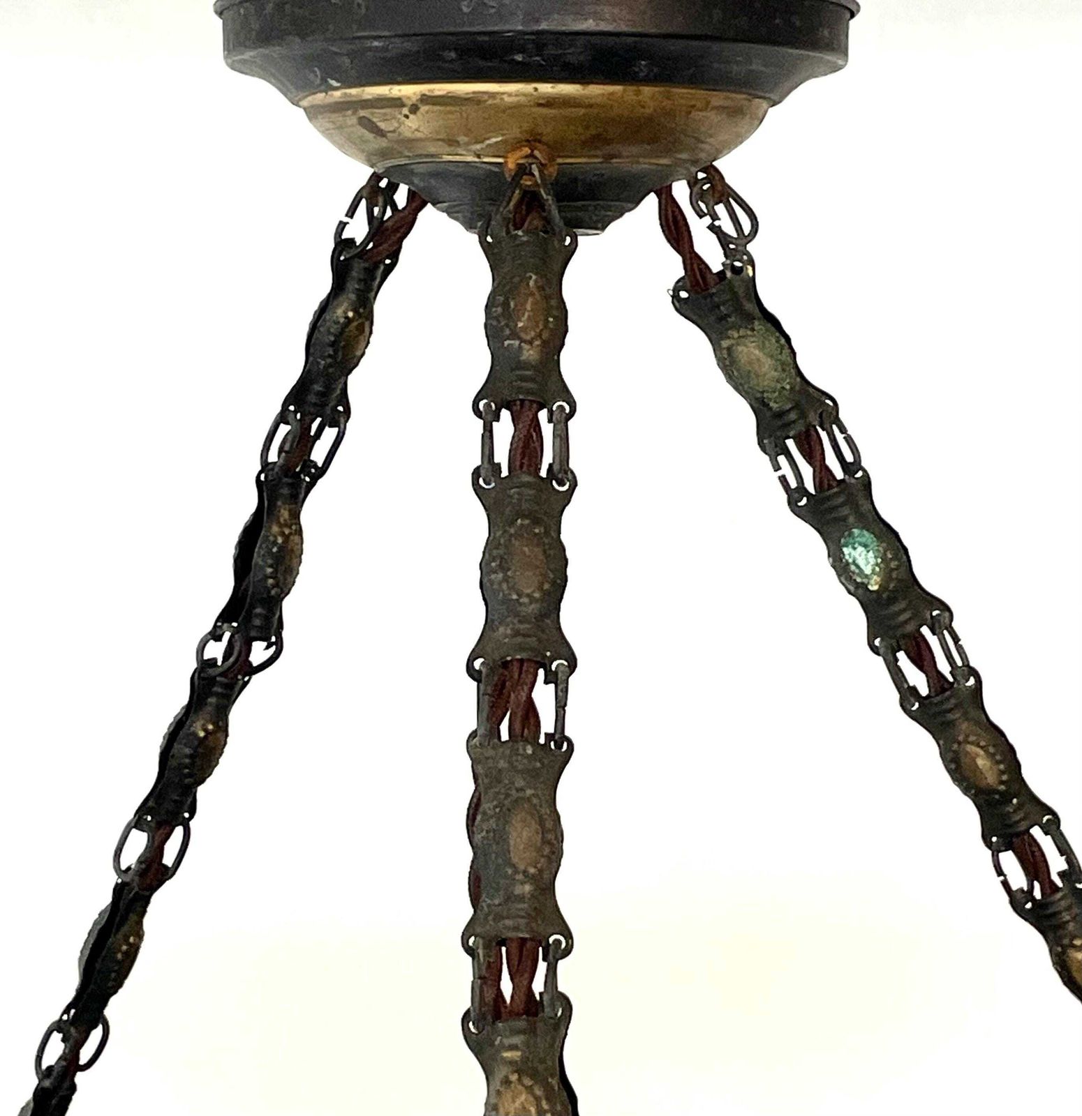 Exclusive Large Antique Art Deco Patinated Brass Chandelier With Vintage White Opal Glass Shades And Elegant Design Details photo vintage