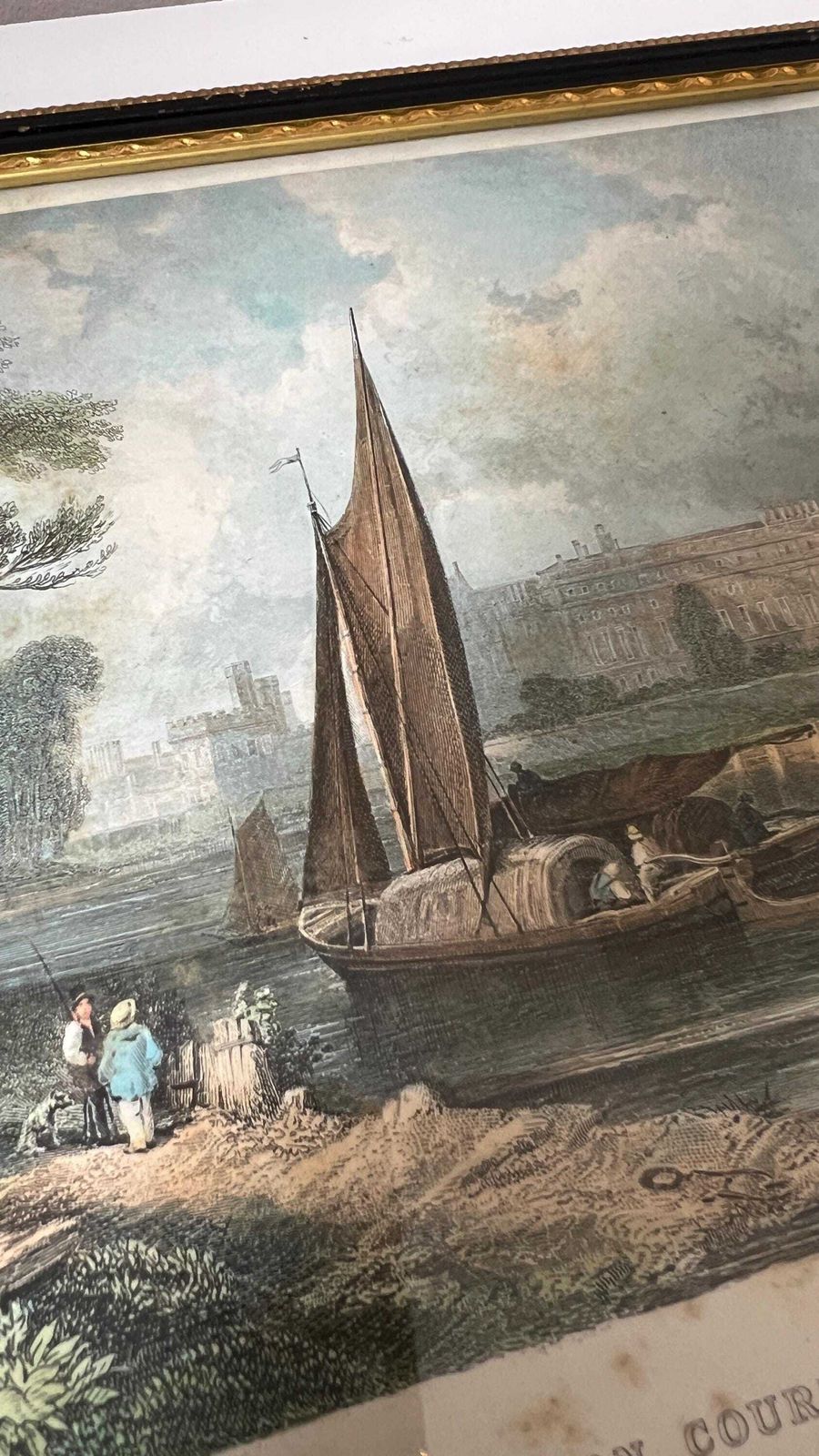 1855 Hand Coloured Engraving Of Hampton Court Palace From The Thames By Wrightson photo vinterior