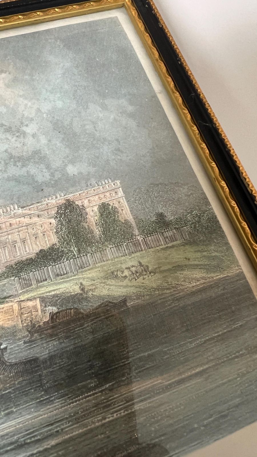 1855 Hand Coloured Engraving Of Hampton Court Palace From The Thames By Wrightson photo vintage