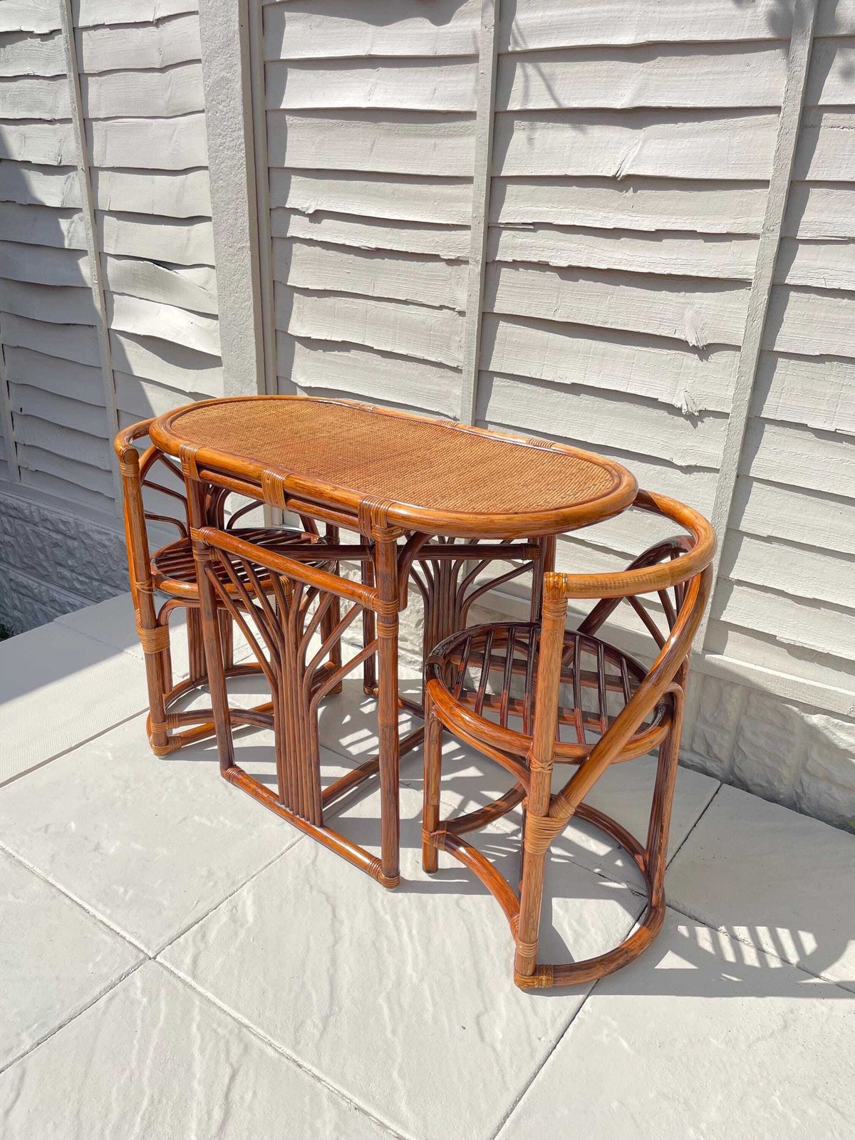 Bamboo Bistro Set With Cushions / Dining Table With Chairs, Vintage Boho Bohemian Home Decor photo for sale