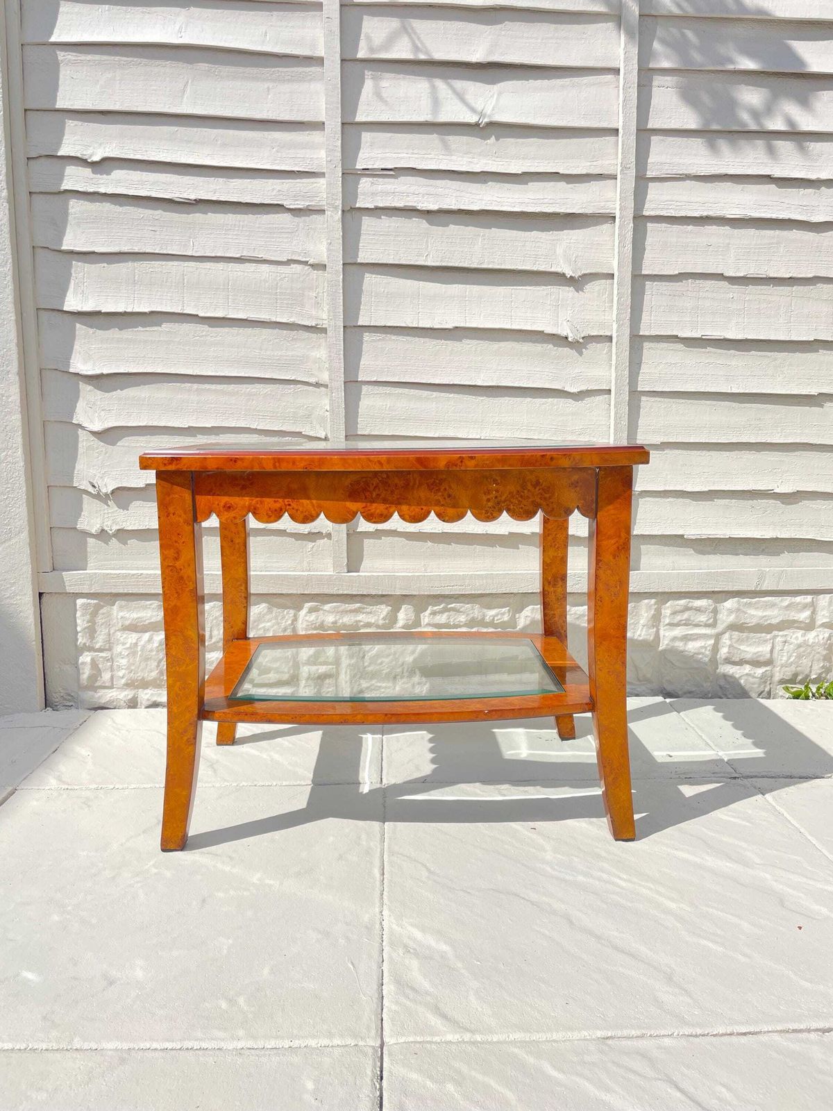 Burr Walnut Glass Top Coffee Table / Side Table With Scalloped Edge, Vintage Home Decor
