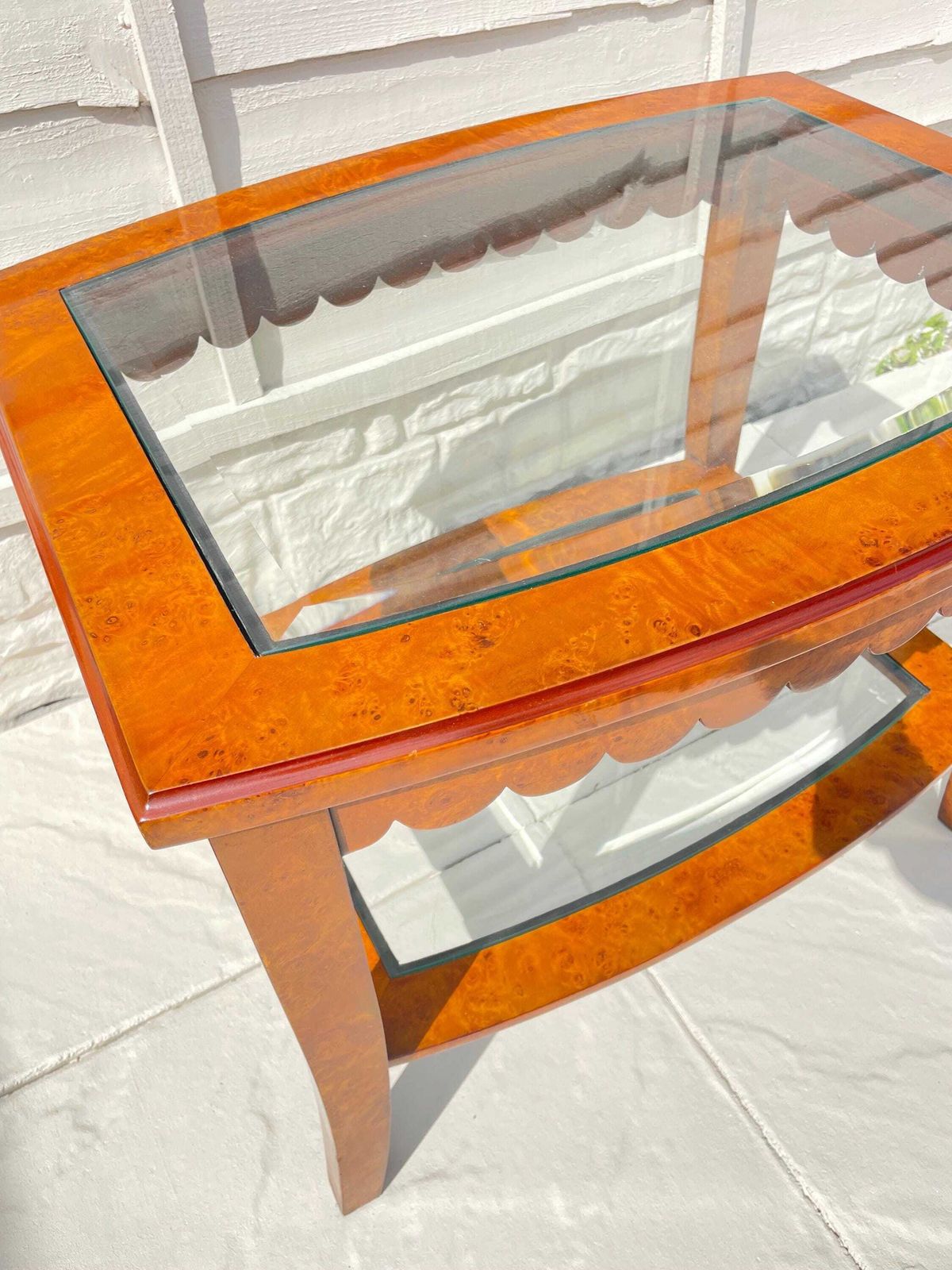 Burr Walnut Glass Top Coffee Table / Side Table With Scalloped Edge, Vintage Home Decor photo Furniture
