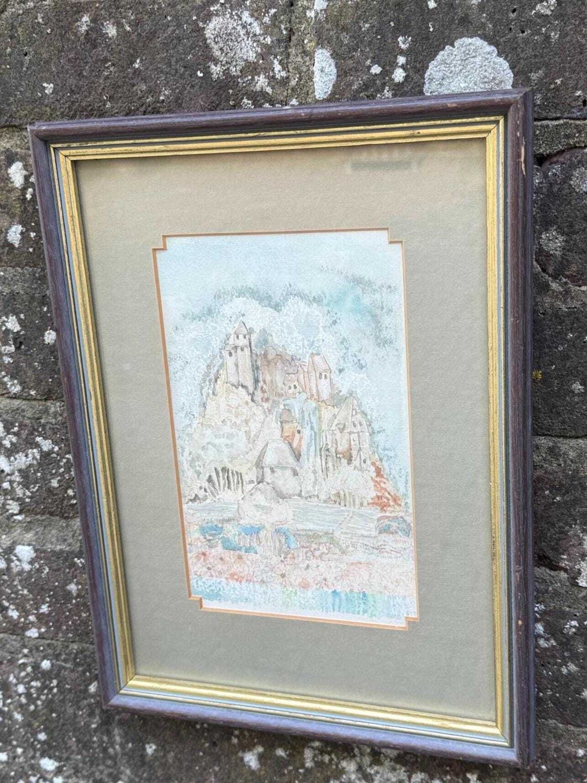 Vintage Original French Village Watercolour, Naive Style, Framed Pastoral Countryside Scene, Soft Impressionist Style Artwork
