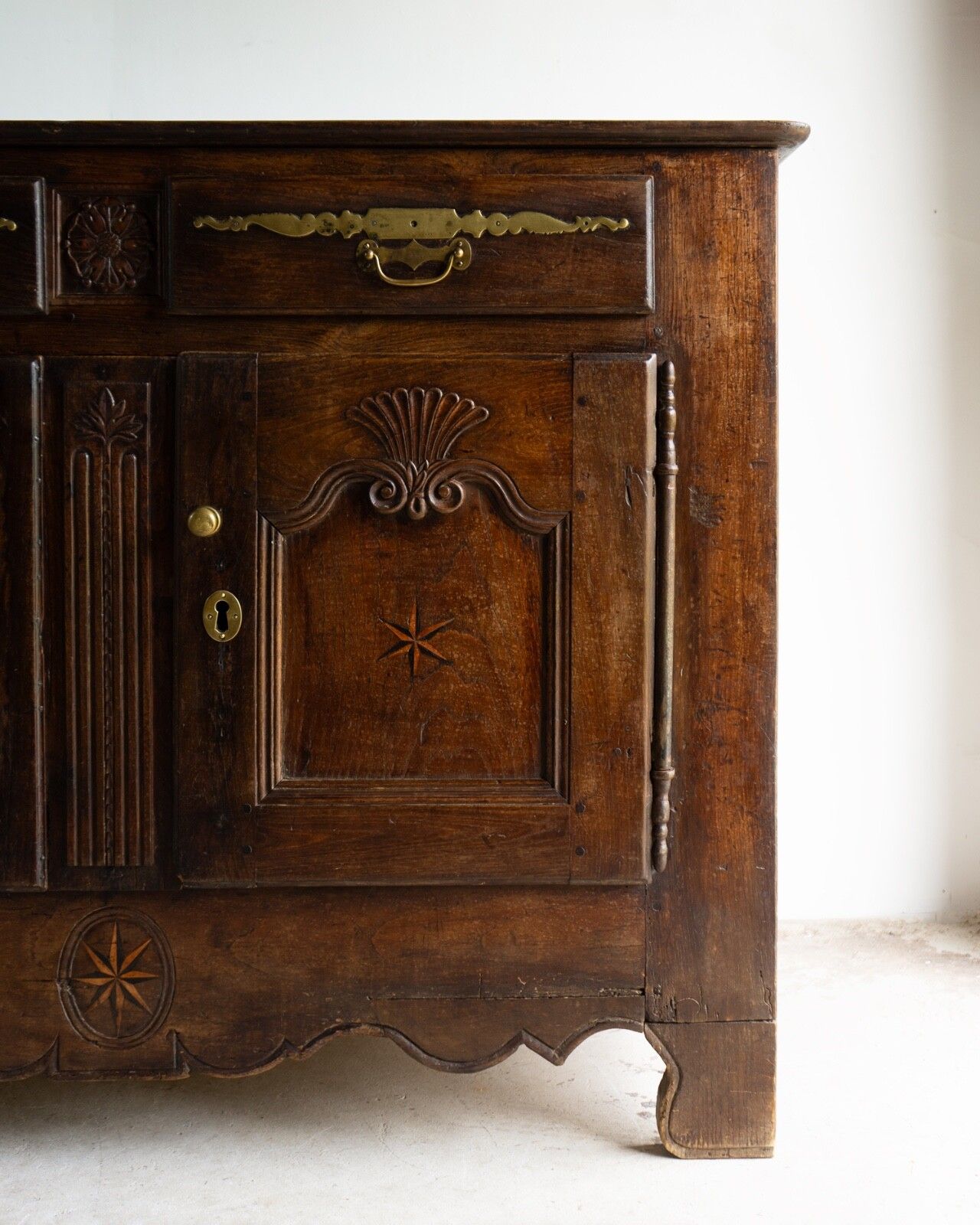 photo for sale Antique French Louis XIV Inlaid And Carved Oak Buffet Cabinet, Early 18th C.