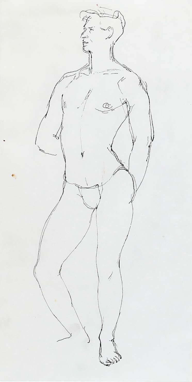 Framed 20th Century Pen And Ink Drawing Standing Male Study photo furniture