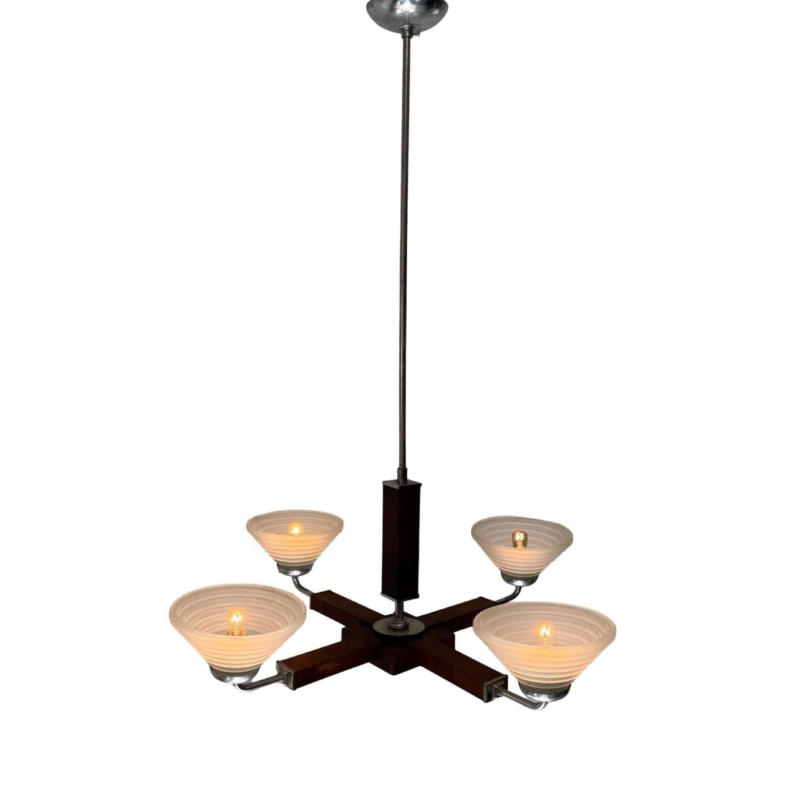 Art Deco Chandelier   Approx. 1930, Czechoslovakia   Satin Glass, Walnut Veneer And Chromed Metal Frame   4 Bulbs