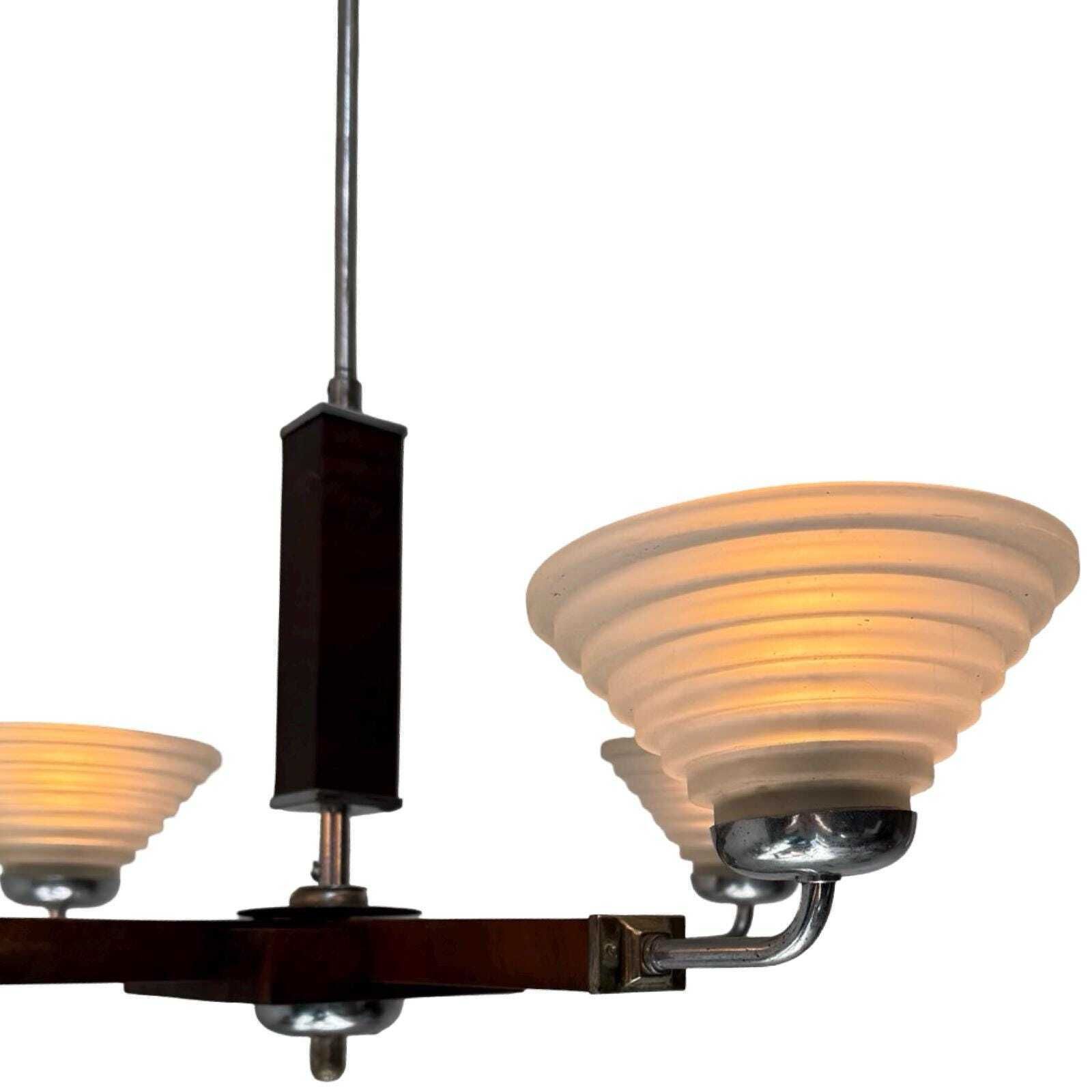 Art Deco Chandelier   Approx. 1930, Czechoslovakia   Satin Glass, Walnut Veneer And Chromed Metal Frame   4 Bulbs photo vinterior