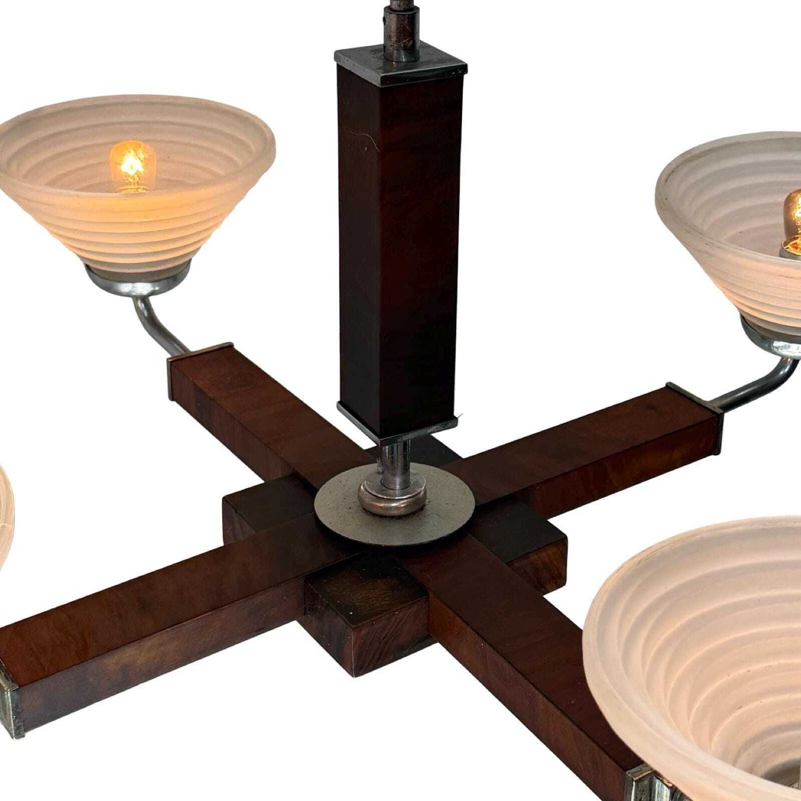 Art Deco Chandelier   Approx. 1930, Czechoslovakia   Satin Glass, Walnut Veneer And Chromed Metal Frame   4 Bulbs photo vintage